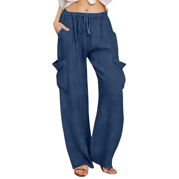 LEAVINGSUO Cargo Pants Women Linen Wide Leg Work Pants with Elastic Drawstring Waistband Casual Pants with Pockets Dark Blue S