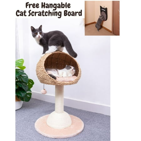 UPC: 0818483016926 | PetPals 29  Beige Handwaved Small Cat Tree with Plush Perch and Basket Condo Sisal Rape Scratching Post Tower with Free Cat Scratching Post