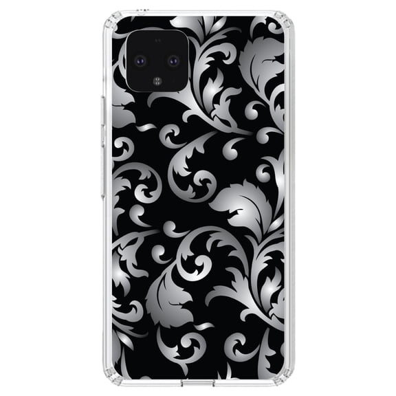 DistinctInk Clear Shockproof Hybrid Case for Google Pixel 4 (5.7" Screen) - TPU Bumper, Acrylic Back, Tempered Glass Screen Protector - Silver Grey Black White Floral - Floral Damask Pattern