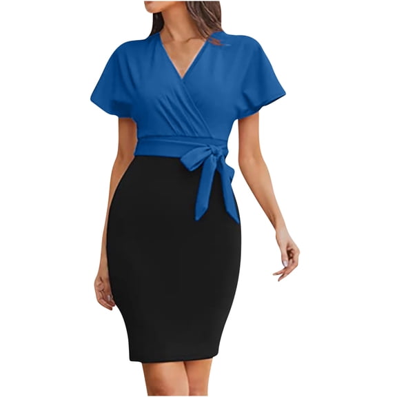 Daiosportswear Women Short Sleeve Midi Bodycon Dress Work Casual Pencil Dresses,Women'S Short-Sleeved Dress Blue 12(XXL)