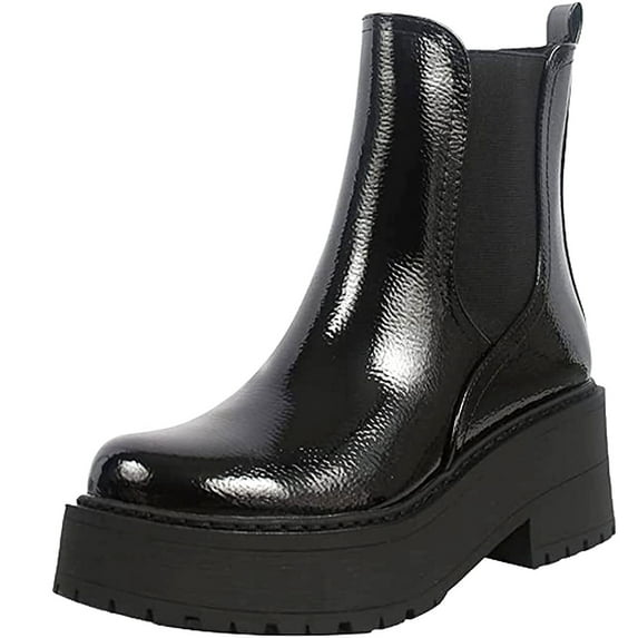 Soda Women Chunky Thick Lug Sole Heels Ankle Chelsea Boots Hidden Platform Elastic Sides Booties YOSSI-S Black Patent 6.5