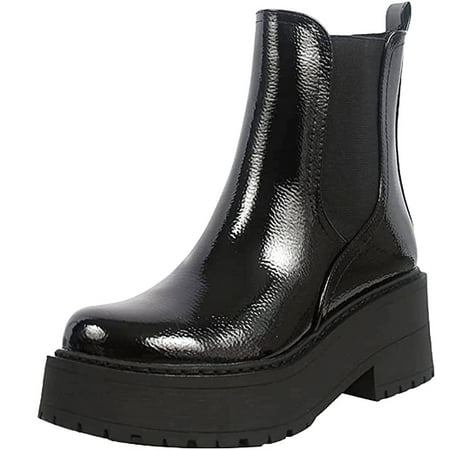 

Soda Women Chunky Thick Lug Sole Heels Ankle Chelsea Boots Hidden Platform Elastic Sides Booties YOSSI-S Black Patent 6