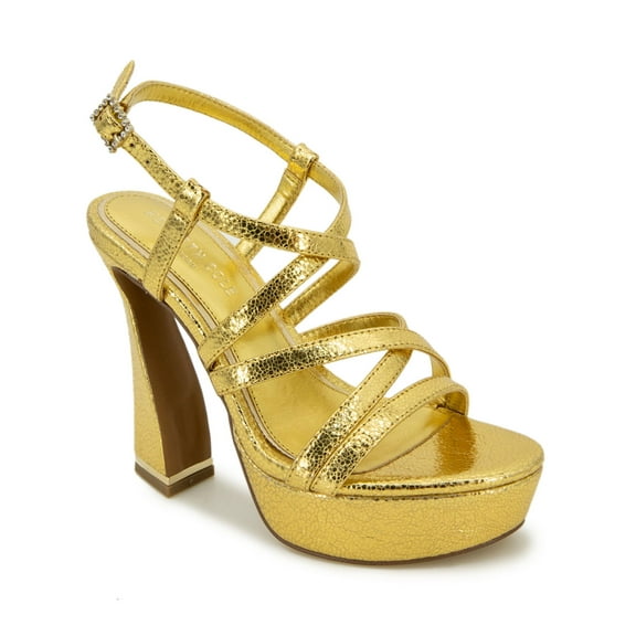 KENNETH COLE NEW YORK Womens Gold 1'' Platform Padded Metallic Strappy Allen Almond Toe Sculpted Heel Buckle Heeled Sandal 10