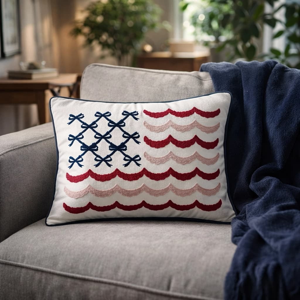 Bow Flag 4th of July Decorative Pillow, Red White and Blue Patriotic Pillows, 19.5" X 14" USA Throw Pillows for Couch, Living Room, Bed, Outdoor