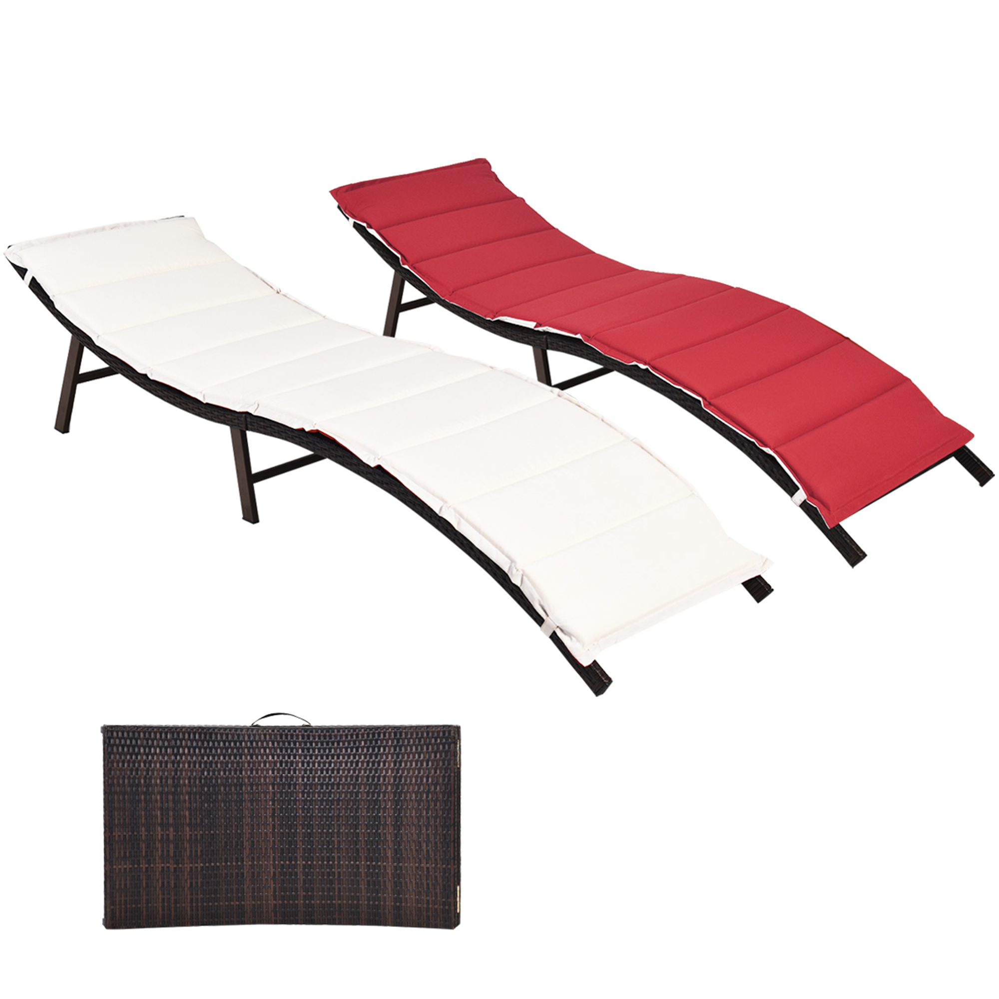 Gymax Set of 2 Folding Wicker Chaise Portable Lounge Chair w/  Double Sided Cushion - image 4 of 9