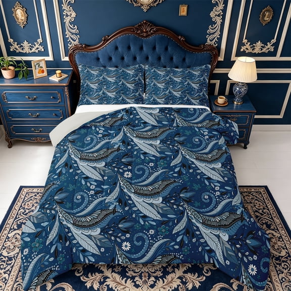 Erosebridal Blue Paisley Full Size Comforter Sets,Nature Art Bedding Comforter Set,3-Piece,1 Comforter and 2 Pillowcases,Light Gray Reversible