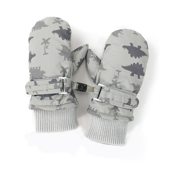 Riecok Kids Snow Gloves Waterproof Elastic Wrist Dinosaur Print Windproof Children Warm Gloves Gray 2 Years