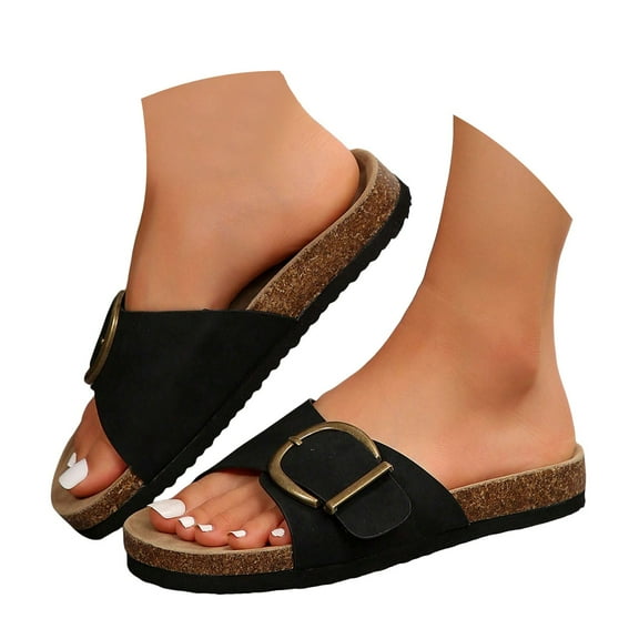 IUJSOY Womens Slide Sandals Cork Footbed Open Toe Adjustable Flats Comfort Slip on Summer Slippers