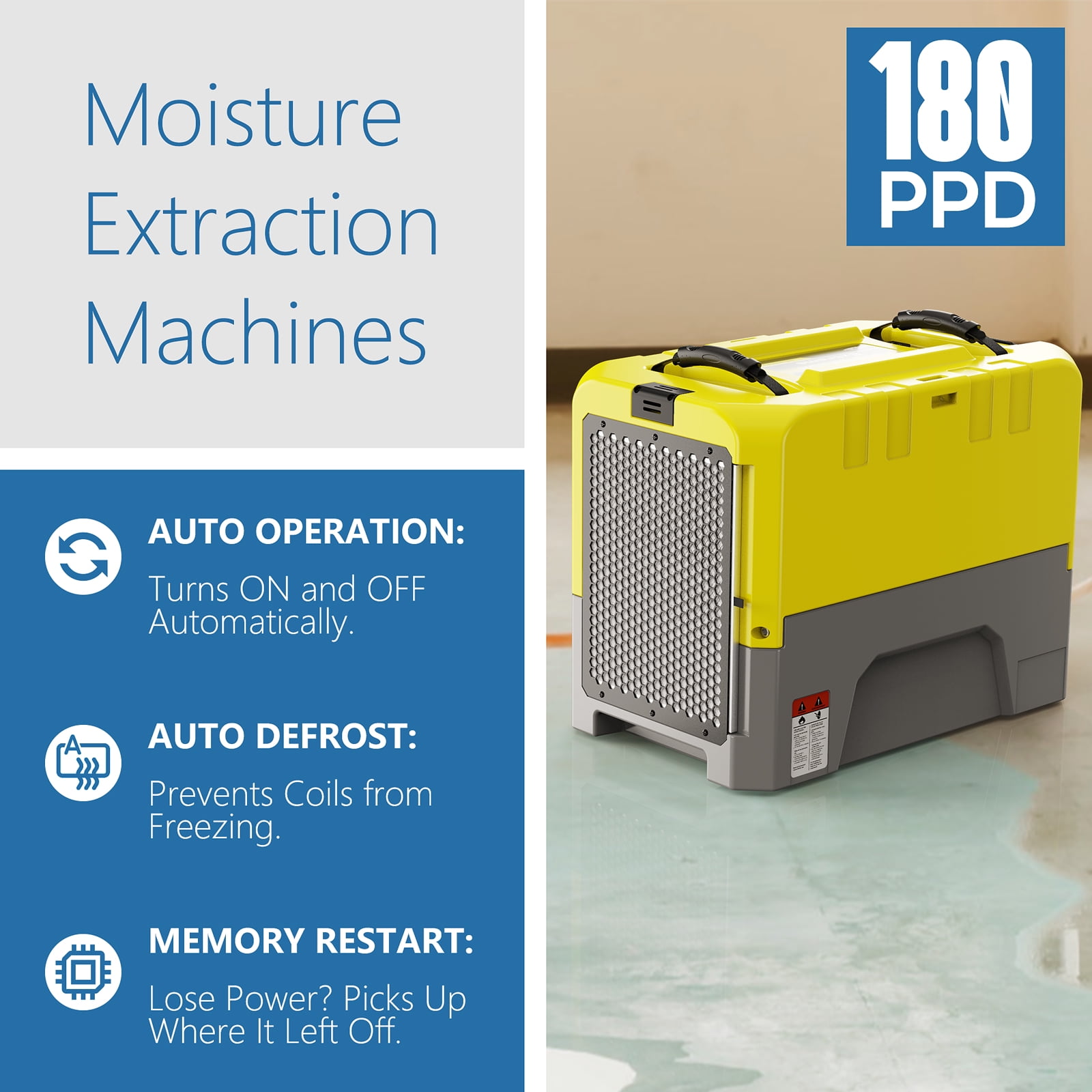 ALORAIR 180 PPD Commercial dehumidifiers with Pump Drain Hose, LGR Dehumidifiers for Basement Warehouse & Job Sites, Crawl Space Dehumidifier for Water Damage Restore, 5-Year-Limited Warranty, Yellow