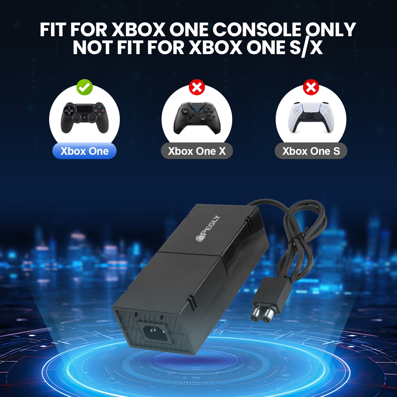 PEGLY Power Supply Brick for Xbox One, AC Adapter Cable Replacement Kit for Xbox One Console Games, Auto Voltage 100-240V, Black
