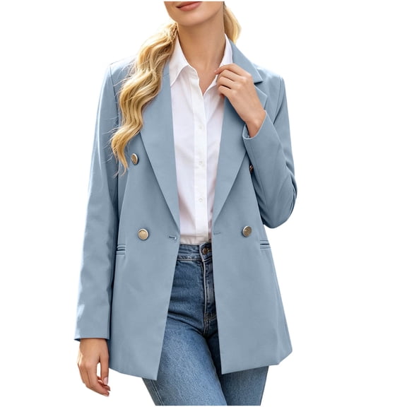 Njagoc3 Womens Double Breasted Blazer Jacket Notch Lapel Long Sleeve Business Casual Workwear Coat with Side Pockets for Office and Daily Wear,Light Blue,L