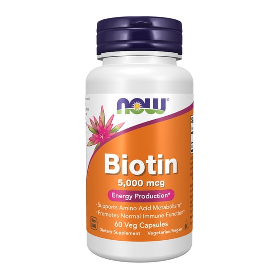 NOW Supplements, Biotin 5,000 mcg, Amino Acid Metabolism*, Energy Production*, 60 Veg Capsules