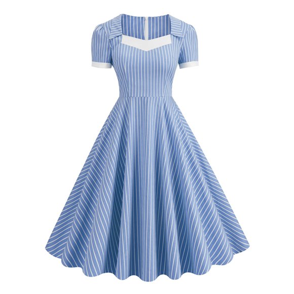 FAIWAD Summer Dresses for Women Short Sleeve Square Neck Striped Dress Slim A-Lined Princess Dress