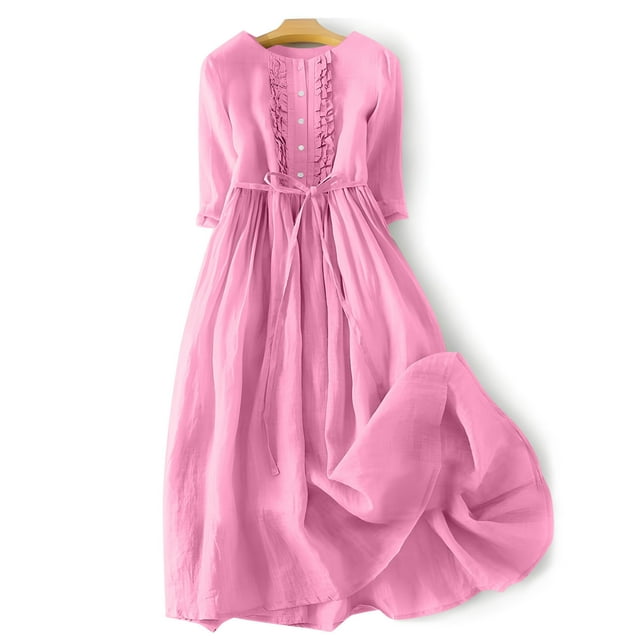 Fartey Robes Boho pour Femmes 2025 Couleur Unie Coton Lin Manches Mi-Longues Col à Revers Boutons à Lacets Robe Trapèze Été Plage Robes Fluides