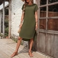 thumbnail image 4 of CIENVNSTG Women's Short Sleeve Round Neck Mini Dress Solid Color Fashionable Waffle Gown Elegant Midi Skirt Dresses Army Green 2XL, 4 of 6