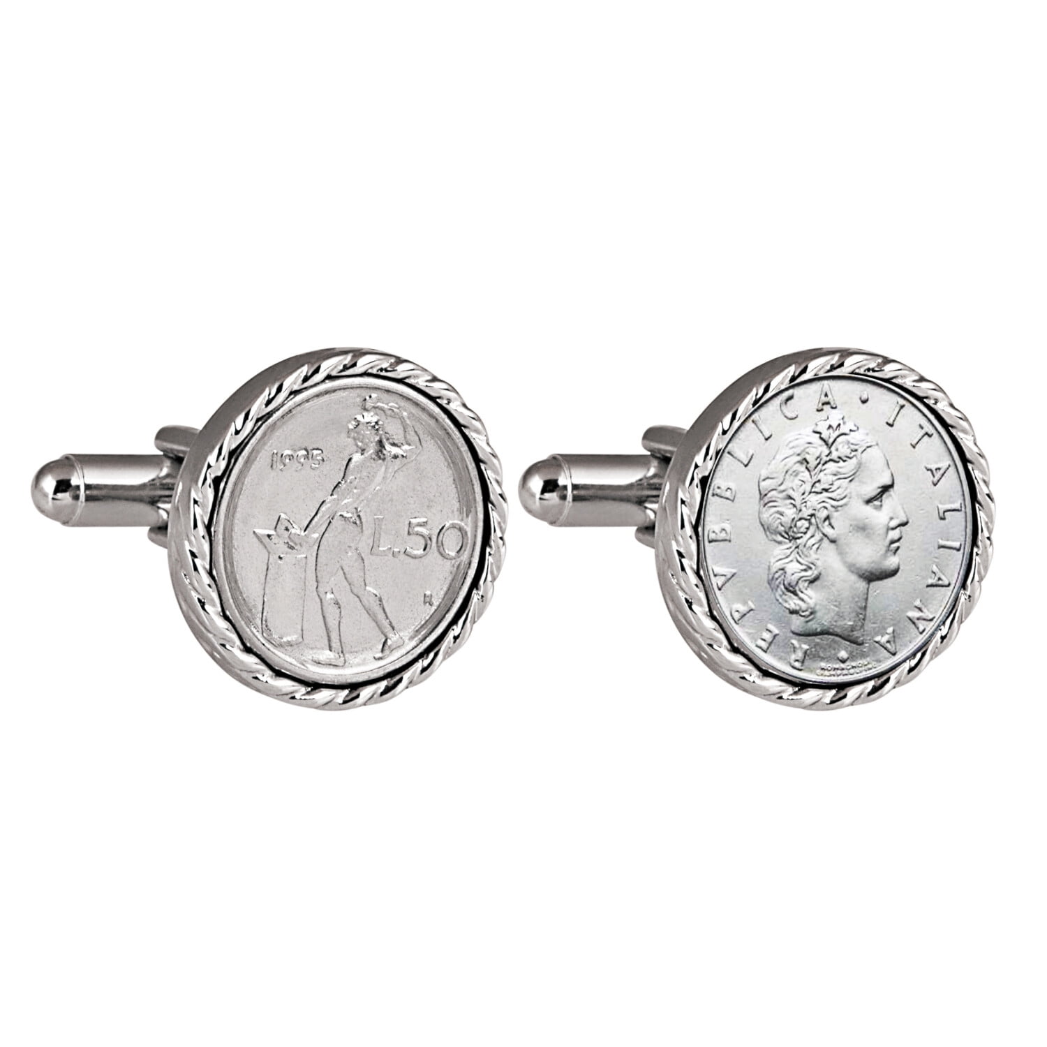 Italian 50 Lire Coin Silvertone Cufflinks