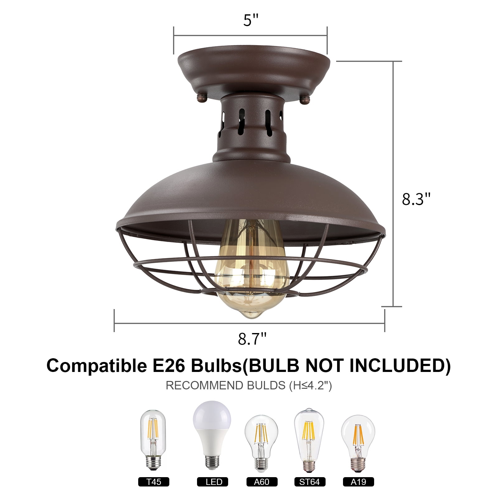 FRIDEKO HOME 2 Pack 8.7" Farmhouse Semi Flush Mount Ceiling Light Fixtures, E26 Base, Industrial Oil Rubbed Bronze Ceiling Lights for Hallway Kitchen Porch Laundry room (Without Bulb)