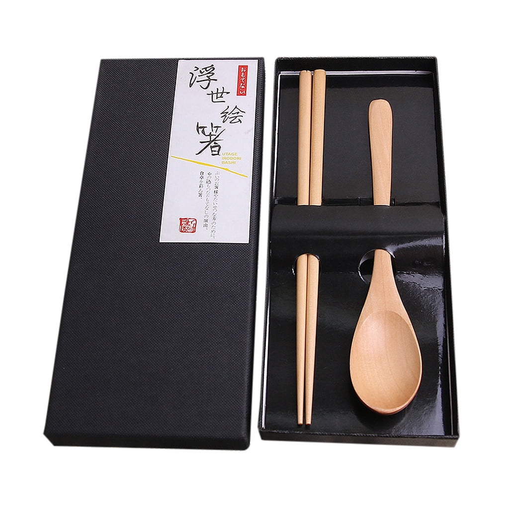 3pcs Japanese Style Gifts Travel Food DIY Wooden Chopsticks Spoon Tableware Set 