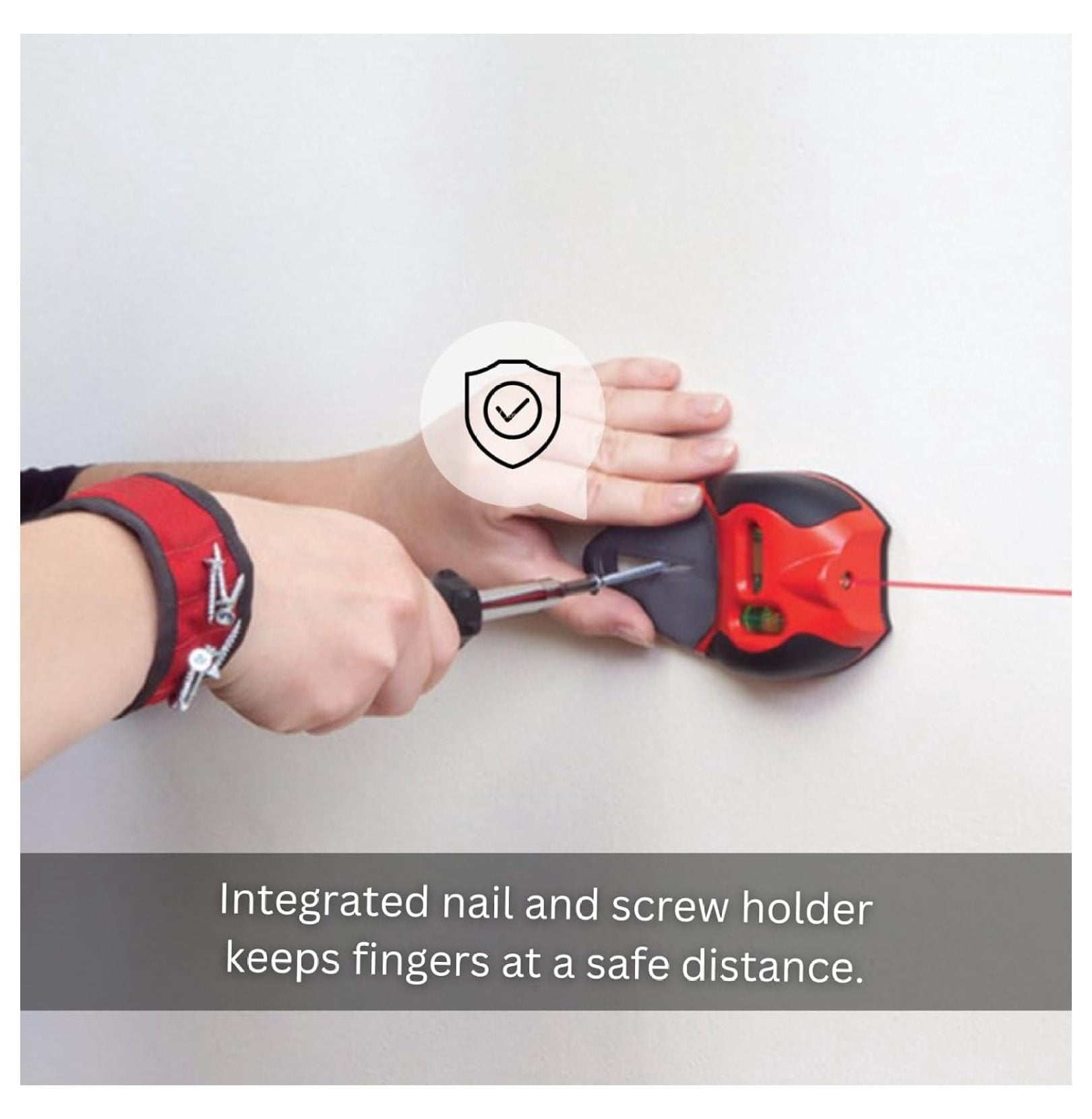 - 810 Prolaser Nail Gripper - Laser Level - with Magnetic Wristband, Built-in Nail Gripper & Pressure Activated On/Off - for Horizontal and Vertical Alignment - 20’ Range - Red
