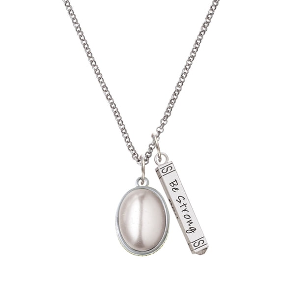 Delight Jewelry Silvertone Small Grey Imitation Pearl Silvertone Be Strong and Courageous Bar Charm Necklace, 23"