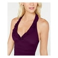 thumbnail image 3 of LAUREN RALPH LAUREN Women's Purple Stretch Tummy Control Ruffled Deep V Neck Shirred Halter Tankini Swimsuit Top 6, 3 of 4