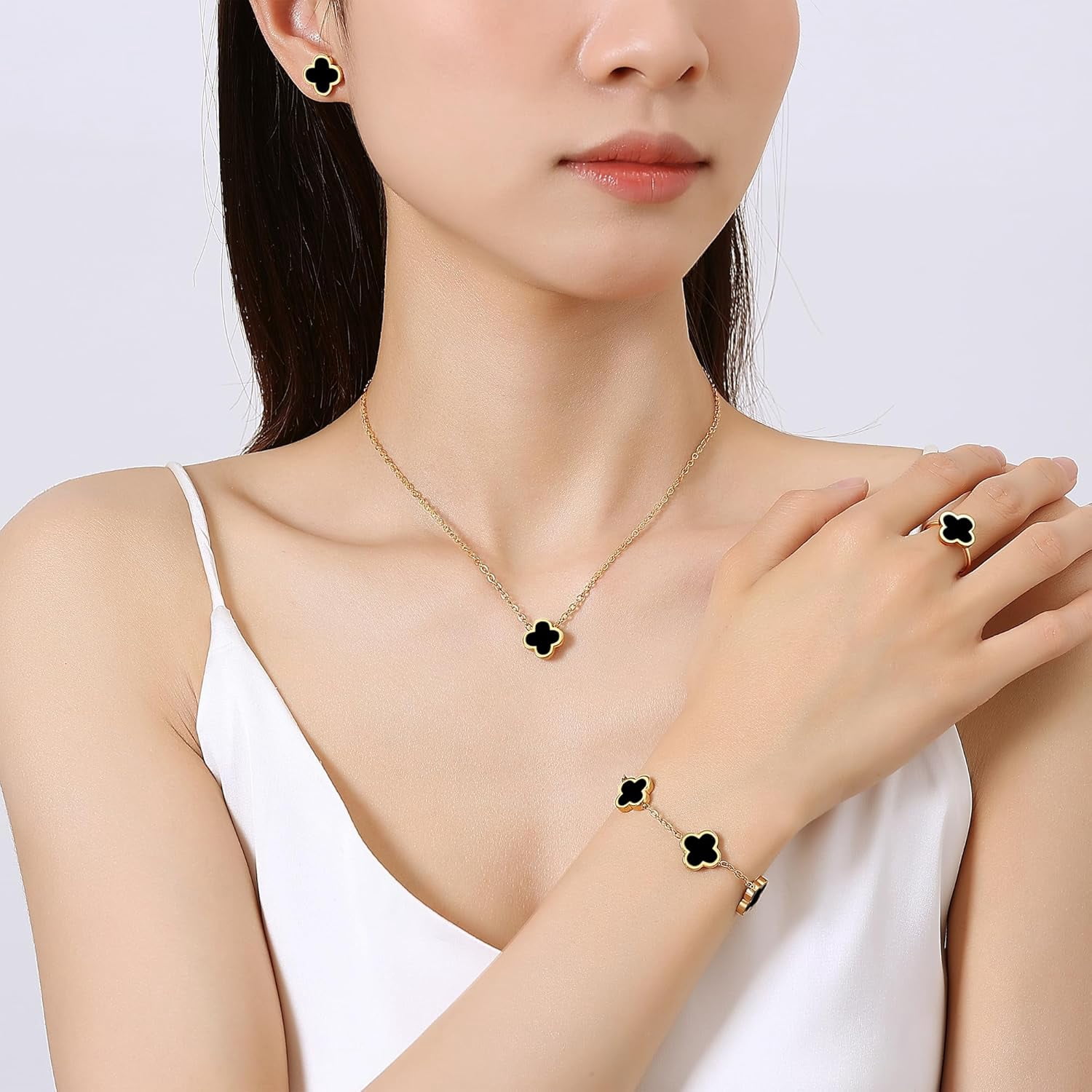 18K Gold Plated Clover Bracelet Set for Women White/Black/Gold/Silver/Green/Pink Adjustable Link Double-Sided Lucky Bracelets Trendy Bracelets Set Jewelry Gifts for Women Men
