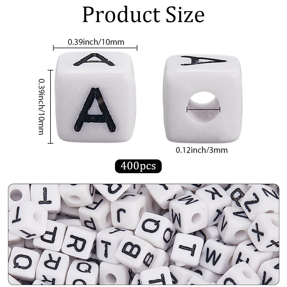 10MM 400PCS Cube Letter Beads with Holes Acrylic Black White Opaque Square Plastic Assorted Alphabet Loose Spacer Bead Bulk