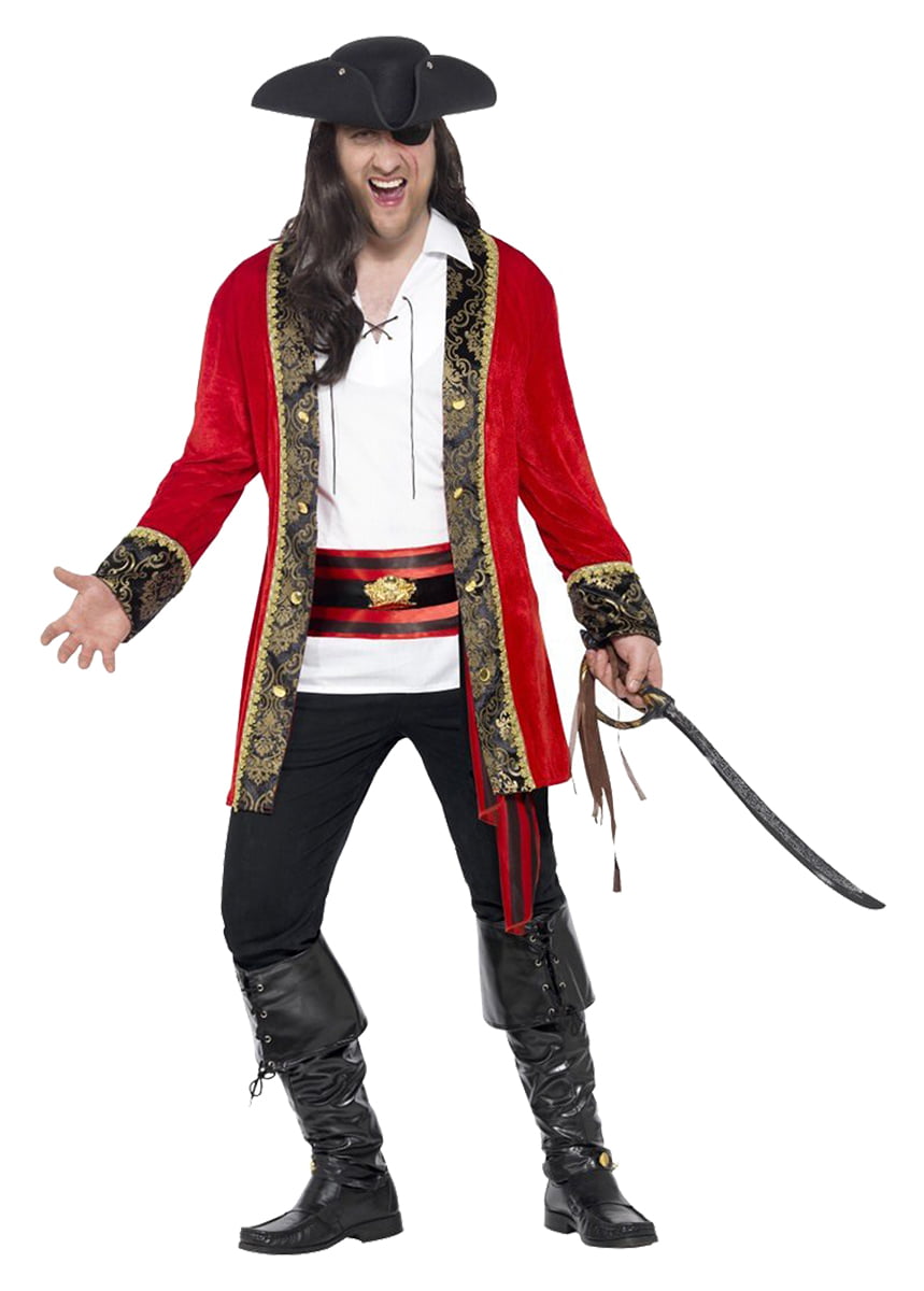 Red Captain Hook Pirate Coat & Hat Men's Fancy Dress Costume S-XL 