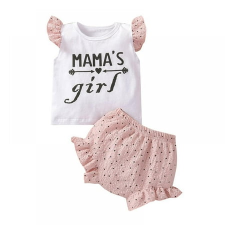 

Toddler Baby Girls Casual Tops Letter Print Short Sleeve T- Shirt Tops Ruffle Shorts Pants Set Infant Summer Outfits Set