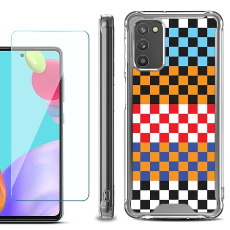Shockproof Bumper Phone Case for Samsung Galaxy A02s with Tempered Glass Screen Protector by OneToughShield ® - Colorful Checker