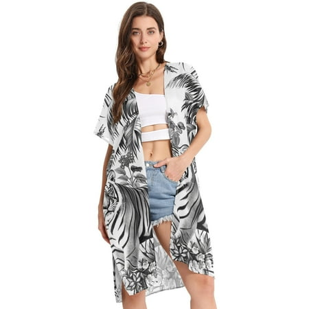 Black and White Tiger Jungle Women Swimsuit Cover up V Neck Beach Dress Short Sleeve Vacation Outfits Swimwear