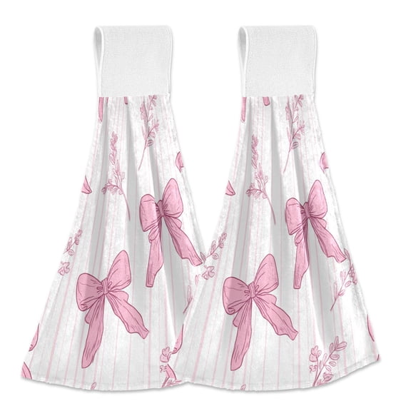 Pink Stripes Bows with Leaves Hanging Towels with Loop Hand Towels Nylon Fastener Tape Design Dish Cloths 2 Pieces