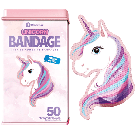 BioSwiss Bandages, Unicorn Shaped Self Adhesive Bandage, Latex Free Sterile Wound Care, Fun First Aid Kit Supplies for Kids and Adults, 24 Count