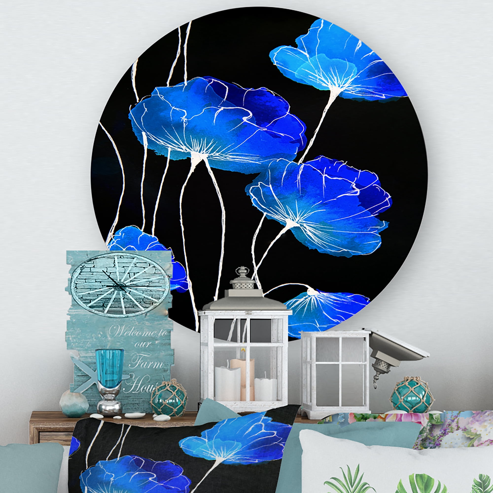Designart 'Detail of Blue Flowers On Black Background II' Traditional Circle Metal Wall Art 11x11 - Disc of 11