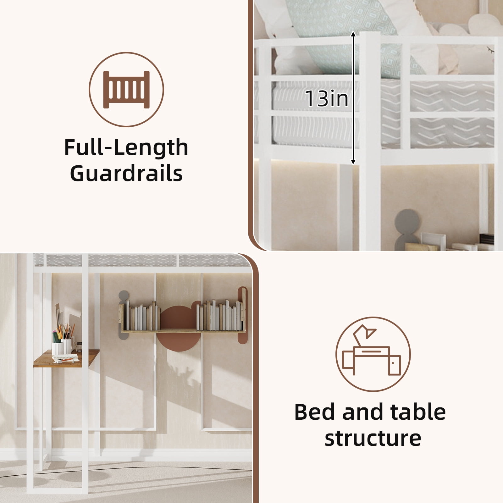 Alvantor Loft Bed Twin Size with Desk, Metal Bed Frame with Open Shelves for Kids/Teens, No Box Spring Needed White