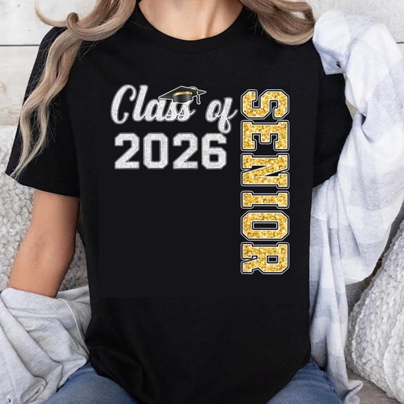100% Cotton Class Of 2026 Senior Graduation T-Shirt For High School Students Gold Glitter Design Unisex Black Tee Shirt