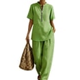 thumbnail image 7 of BODOAO Women's 2 Piece Short Sets Half Zip Short Sleeve Tops Wide Leg Long Pants Summer Dressy Casual Vacation Athletic Outfits Lounge Set Pajamas for Women Light Green M, 7 of 7