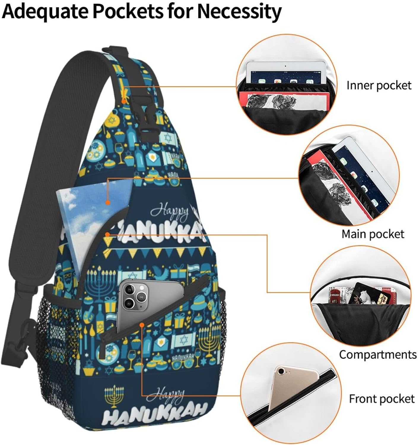 Happy Hanukkah Jewish Chanukah Holiday Sling Bag Crossbody Hiking Travel Chest Bags Backpack Shoulder Daypack for Women Men