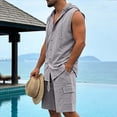 thumbnail image 5 of HBGVBA Mens Summer Set Solid Color Loose Linen Pocket Elastic Waist Shorts Button Hooded Tank Top Shirt 2 Piece Beach Set, 5 of 5