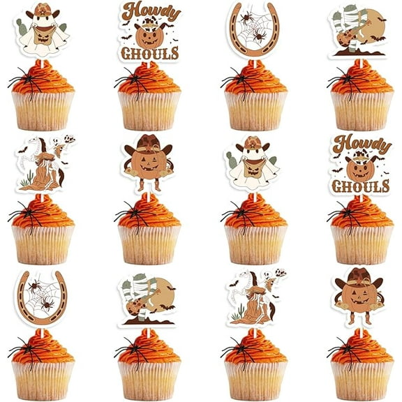 Western Halloween Decoration Cupcake Topper, 24pcs Halloween Western Rodeo Cupcake Topper Cake Decorations for Halloween Cowboy Cowgirl Wild West Last Rodeo Bachelorette Birthday Party