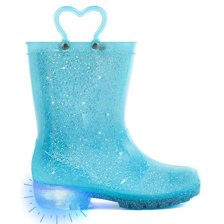 

Toddler Girls Rain Boots Little Kids Baby Light Up Glitter Rubber Waterproof Heart Blue Mud Insulated Shoes Lightweight Adorable with Easy-on Handles Non Slip Size 11