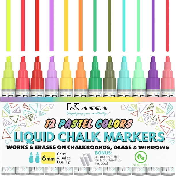 Kassa Pastels (12 Pack) Liquid Chalkboard Markers Erasable for Blackboard, Windows, Glass or
