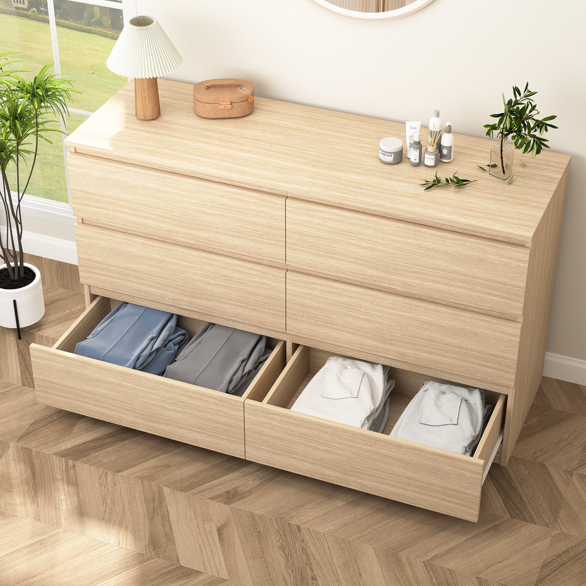 Kadyn Natural Chest of Drawer, 6 Double Drawer Dresser for Bedroom, Modern Storage Cabinet for Living Room, Dresser