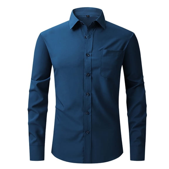 Mens Dress Shirt Solid Color Four Way Stretch Long Sleeve Business Casual Formal Office Shirt Blue L