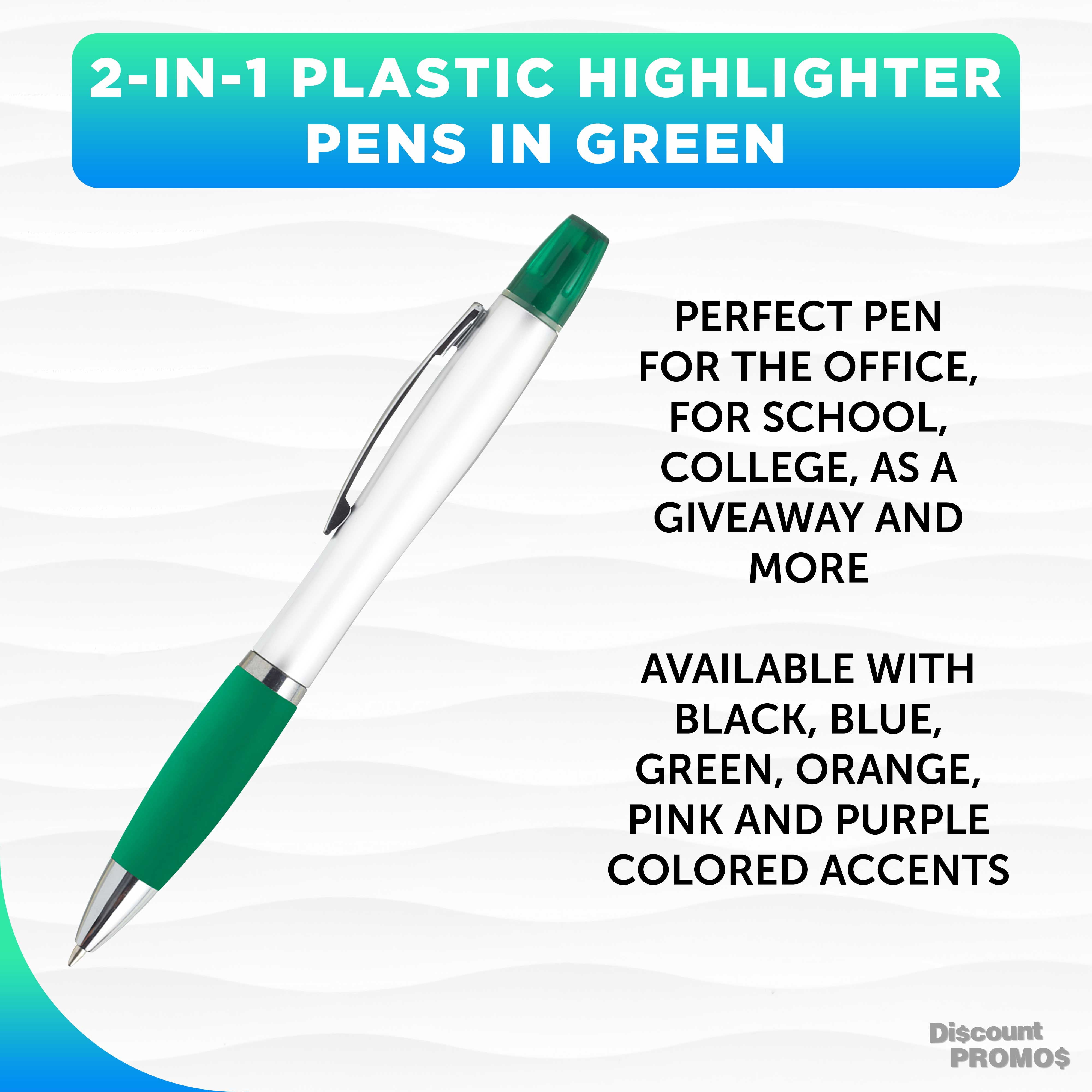 10 Plastic Highlighter Pens Pack - Rubber Grip, Black Ink - Green
