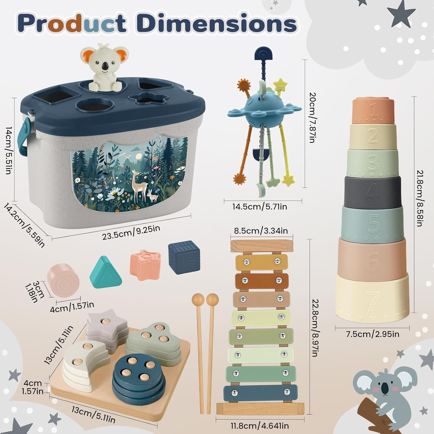 5-in-1 Montessori Baby Toy Set for 6-12 Months, Shape Sorter, Stacking Rings, Soft Blocks, Wooden Activity Toy and Xylophone, Sensory Development and Educational Gift for Infants and Toddlers
