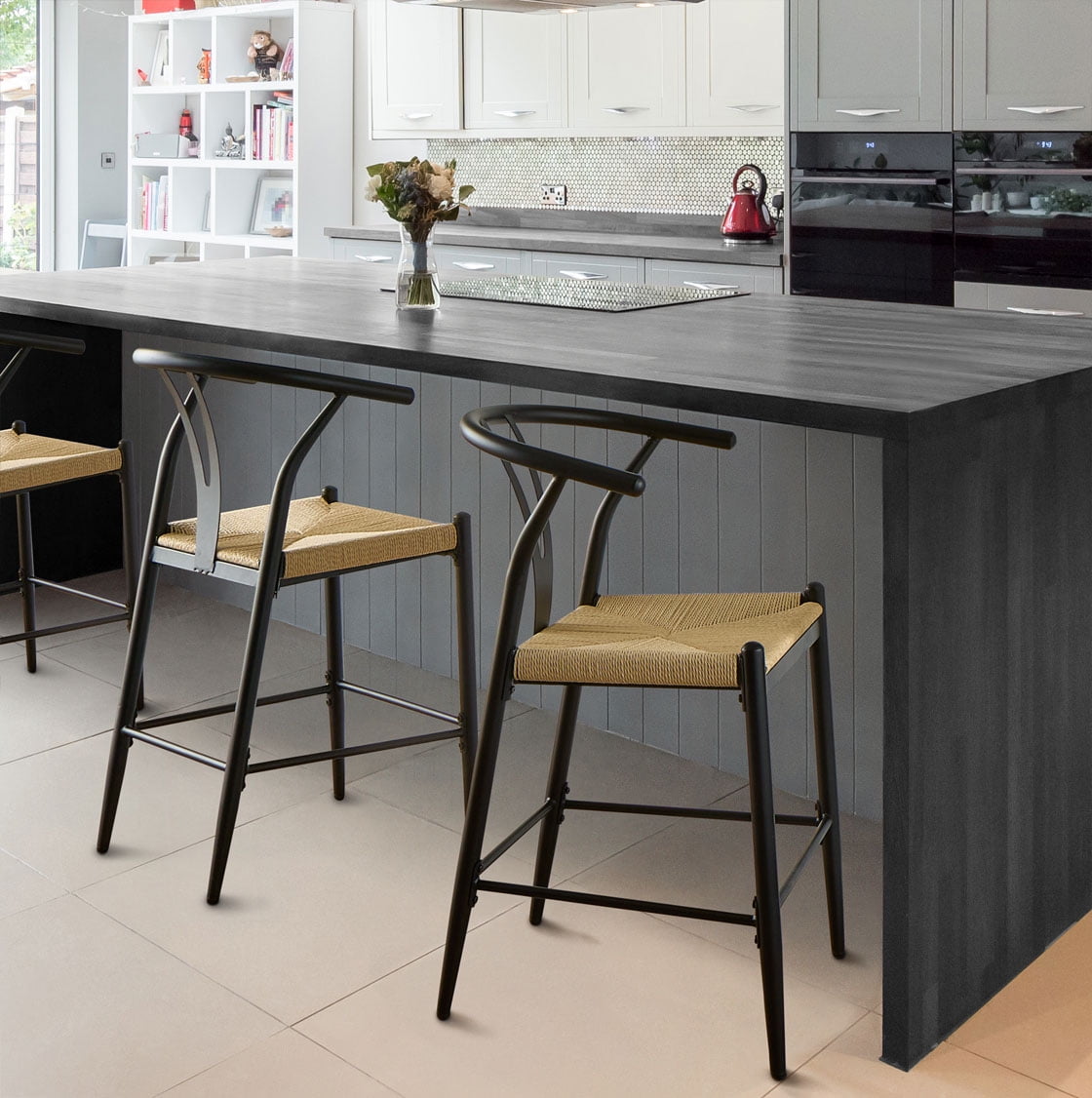 Better Homes & Gardens Springwood Wishbone Metal Counter Bar Stool, 2 Pack, Black Color for Indoor