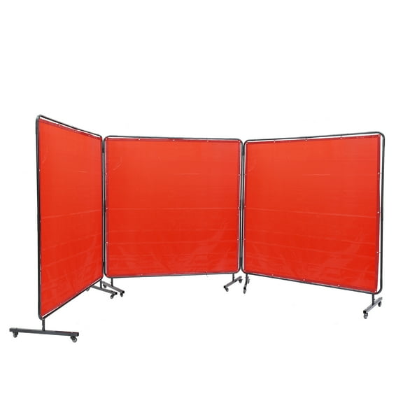 KFFKFF Welding Screen with Frame, 6' x 6' Tri-Panel Welding Shield, Fire-Resistant Vinyl Welding Safety Barrier on 12 Rotating Wheels (6 with Locks), Portable & Expert-Level for Workshops, Red