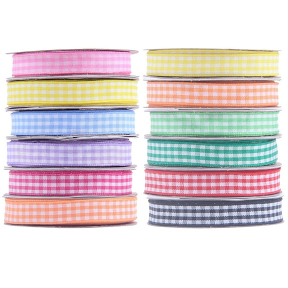 Plaid Gift Ribbon, 12 Pcs Assorted Colors, Nylon 10 Yards Each, For Gift Wrapping, DIY Crafting, Holiday Decor, Includes Pink, Yellow, Blue, Purple, Red, Orange, Green, Black