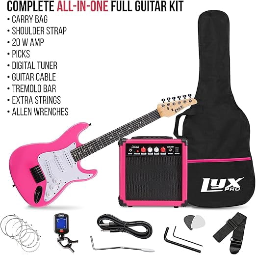 LyxPro 36-inch Electric Guitar with 20W Amp & Accessories for Beginners - Pink